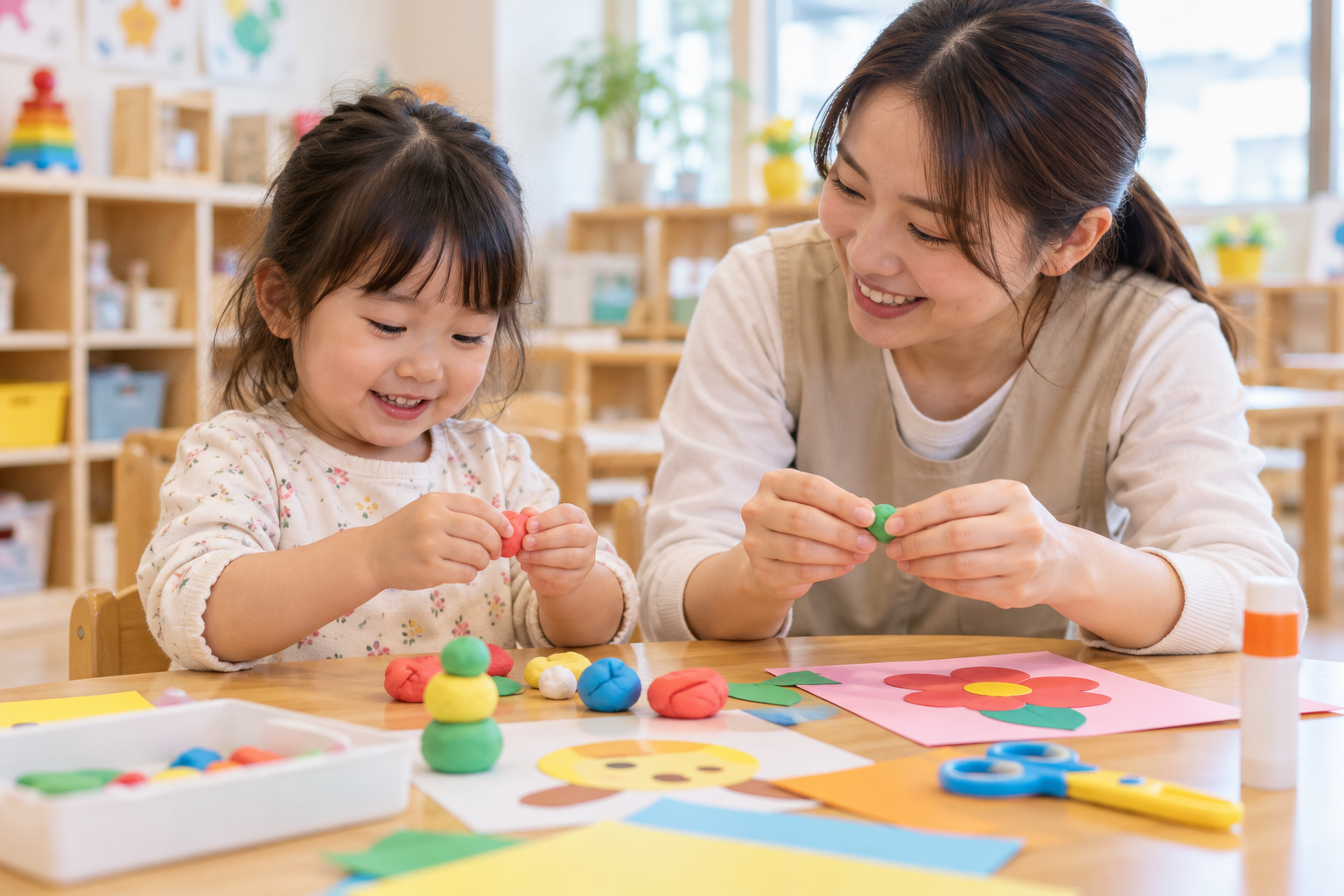 工作や粘土遊びを楽しむ子どもと支援者のイメージ