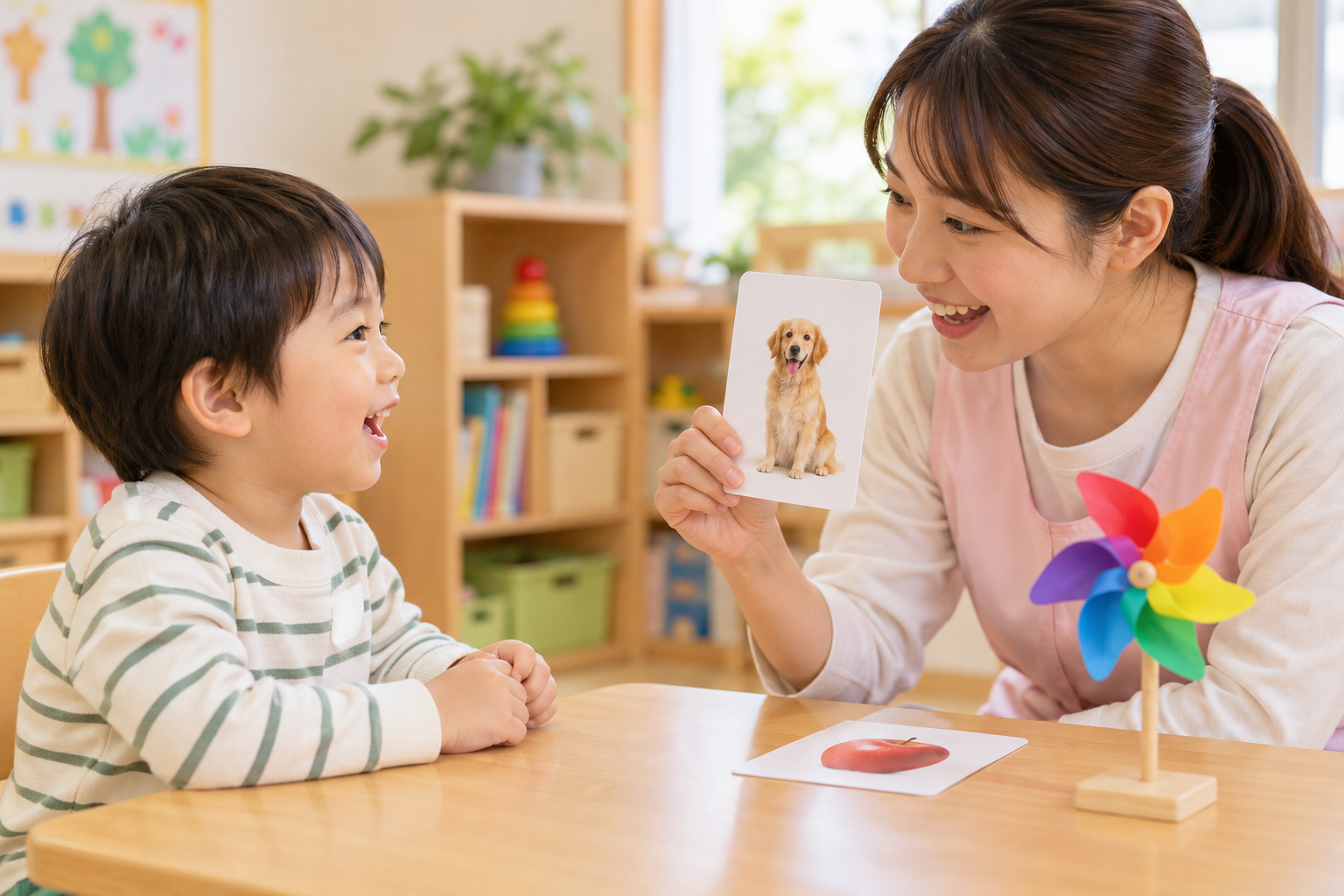 絵カードでコミュニケーションを楽しむ子どもと支援者のイメージ